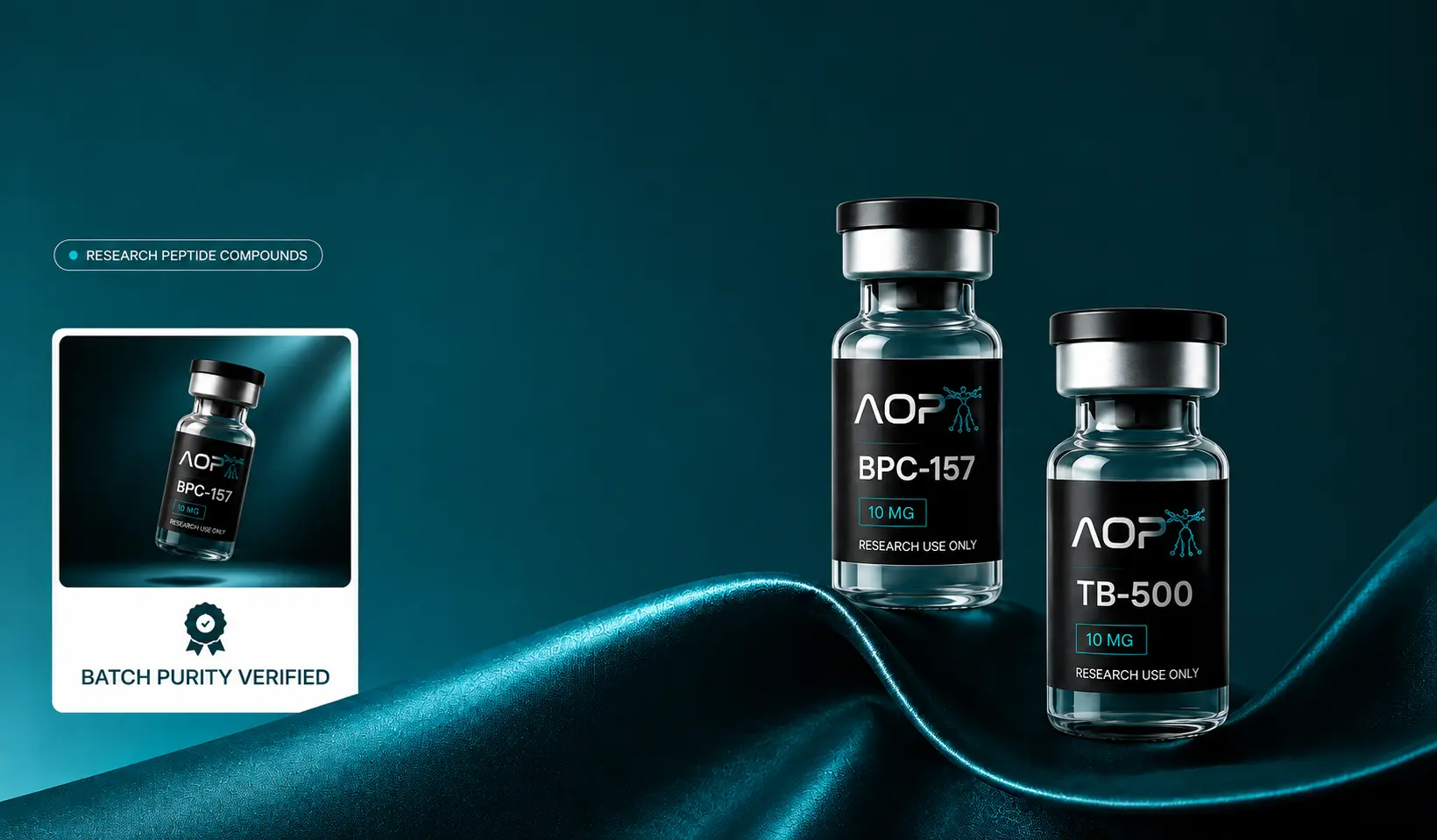 AOP research peptide vials on teal silk
